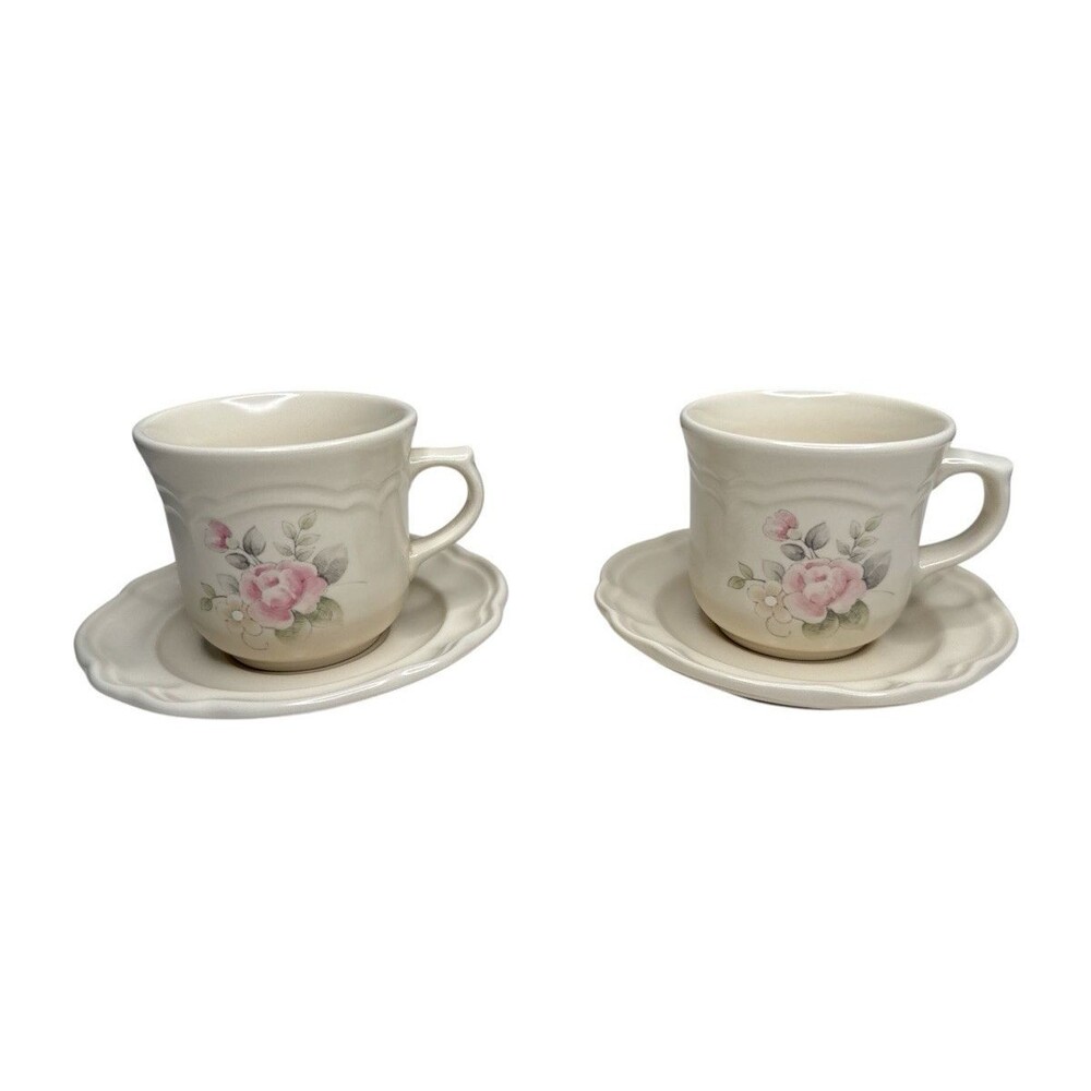 Pfaltzgraff Heirloom Tea Rose Cups Saucers Set 2 Pink Floral Coffee Tea USA VTG